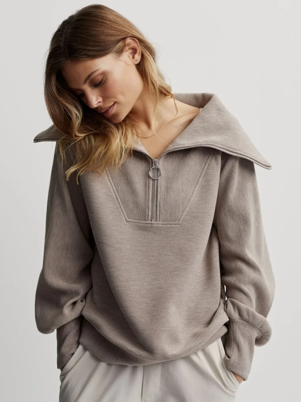 Varley Vine Half Zip Ottoman Rib Sweatshirt – Taupe Marl